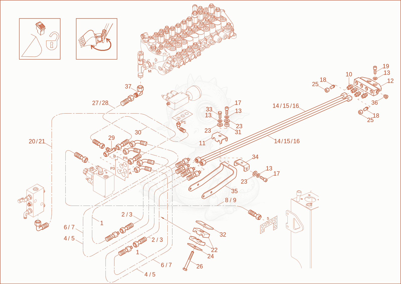 Exploded parts diagram of the Pilot circuit Powertilt (Option) of a Wacker Neuson EZ17, with numbered balloons