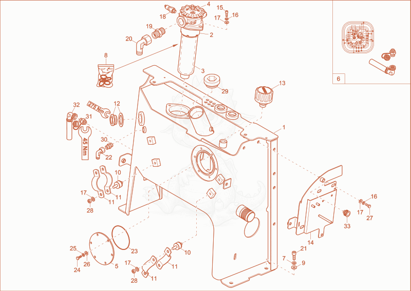 Exploded parts diagram of the hydraulic tank of a Wacker Neuson EZ38, with numbered balloons