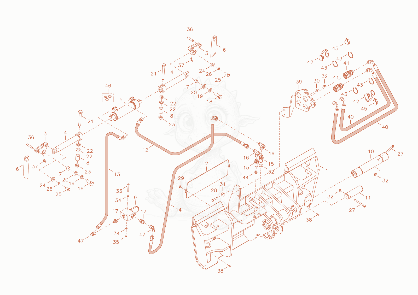 Exploded parts diagram of the quickhitch plate of a Wacker Neuson TH412, with numbered balloons