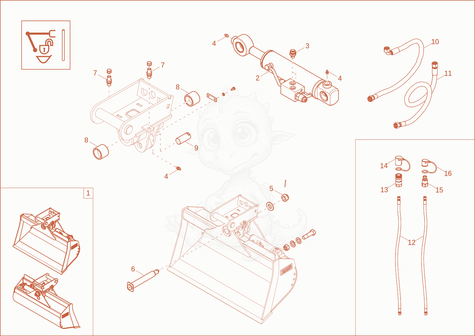 Exploded parts diagram of the tilting bucket QHS (option) of a Wacker Neuson ET58, with numbered balloons