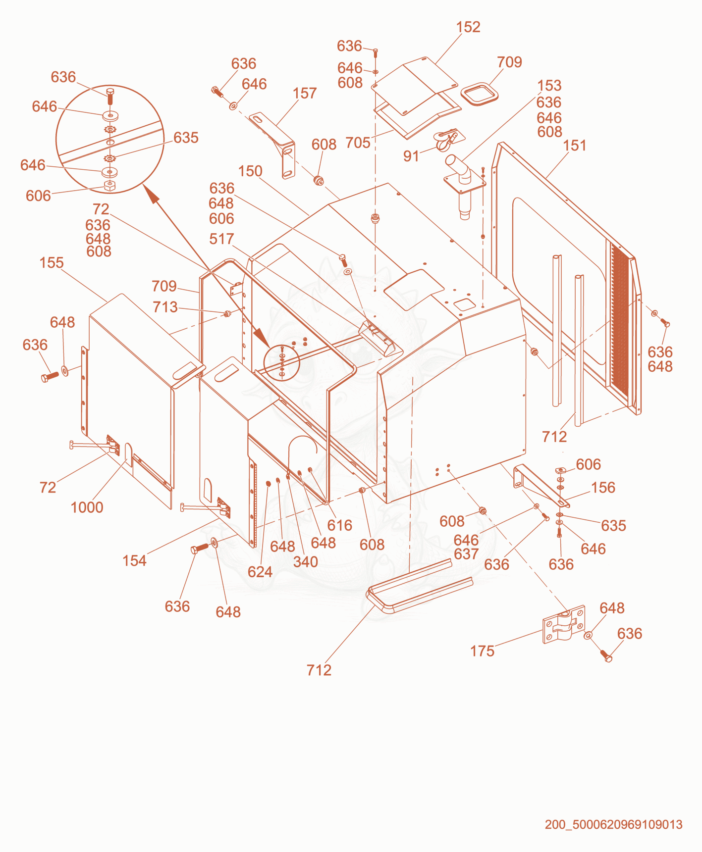 Exploded parts diagram of the Generator Enclosure cpl. of a Wacker Neuson HI750GMHD, with numbered balloons