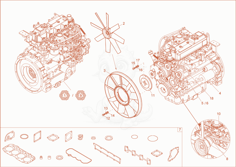 Exploded parts diagram of the diesel engine of a Wacker Neuson 8003, with numbered balloons