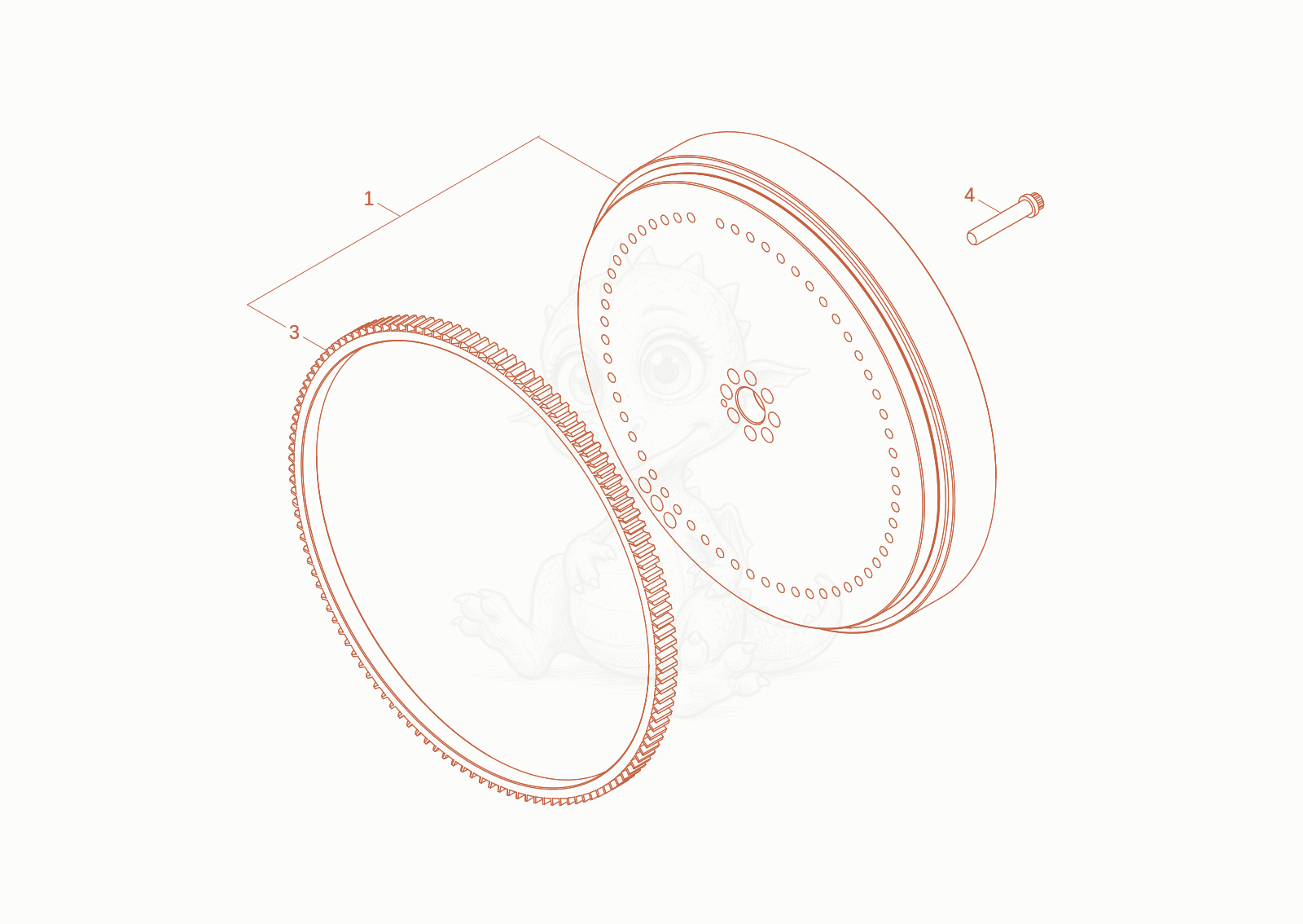 Exploded parts diagram of the flywheel of a Wacker Neuson EW100-2, with numbered balloons