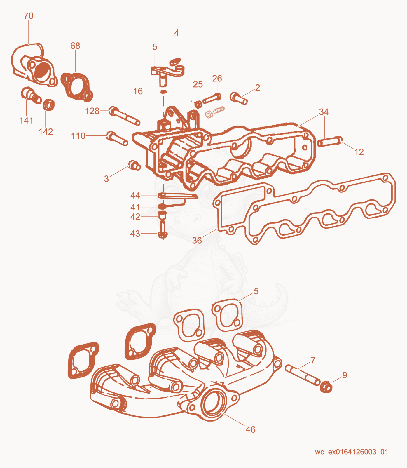 Exploded parts diagram of the Intake/Exhaust of a Wacker Neuson CRT48-35L, with numbered balloons