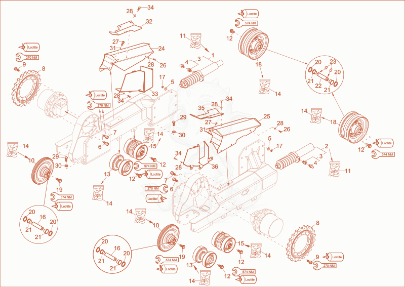 Exploded parts diagram of the undercarriage of a Wacker Neuson ST35(S04-02), with numbered balloons