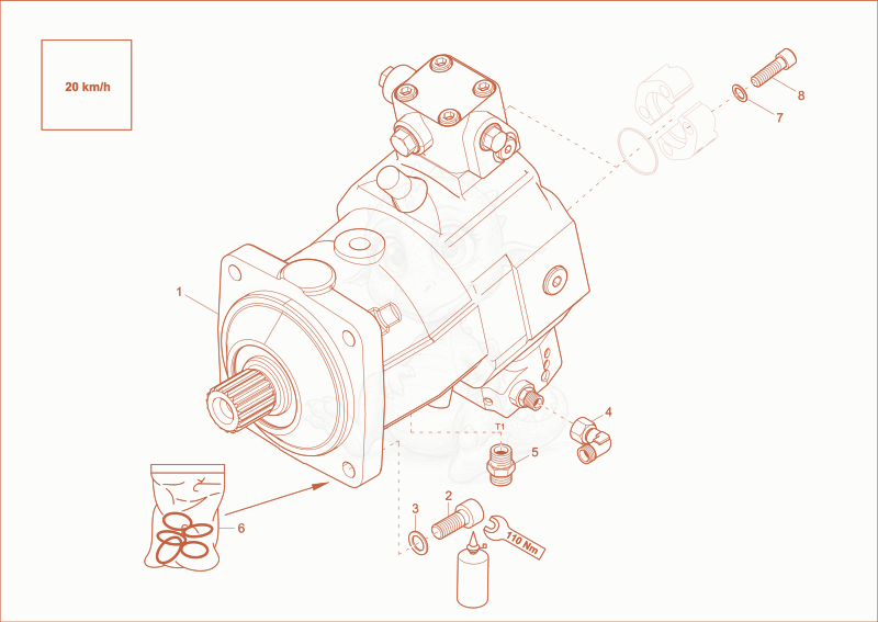 Exploded parts diagram of the displacement motor (Option) of a Wacker Neuson EW100, with numbered balloons
