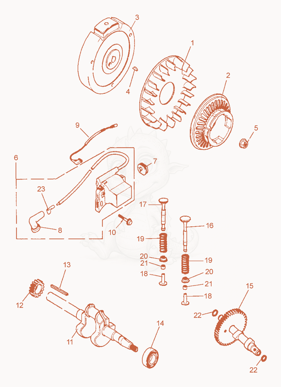 Exploded parts diagram of the Fan Wheel-Magneto Armature-Cam-Crankshaft of a Wacker Neuson BPS1135A, with numbered balloons