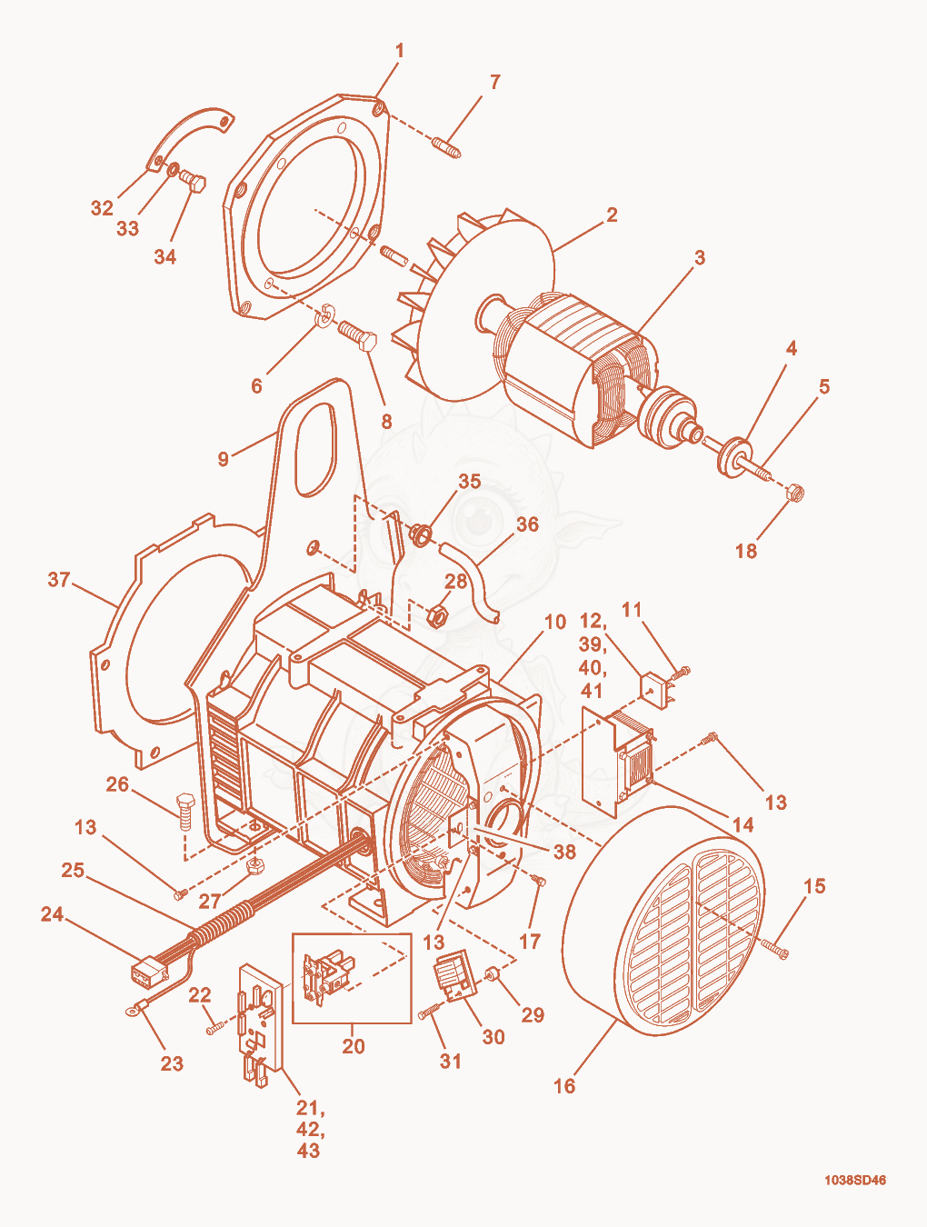 Despiece del Generator Front de una máquina Wacker Neuson G4.6AE, con globos numerados