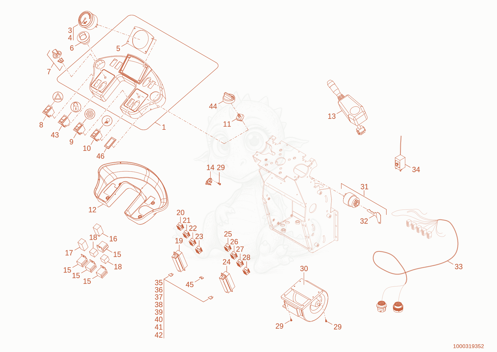 Exploded parts diagram of the steering column of a Wacker Neuson WL70, with numbered balloons