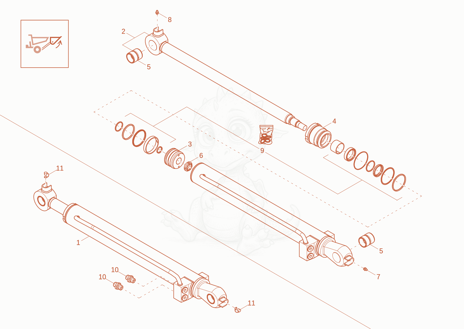 Exploded parts diagram of the lift cylinder (Option) of a Wacker Neuson DW20-2, with numbered balloons
