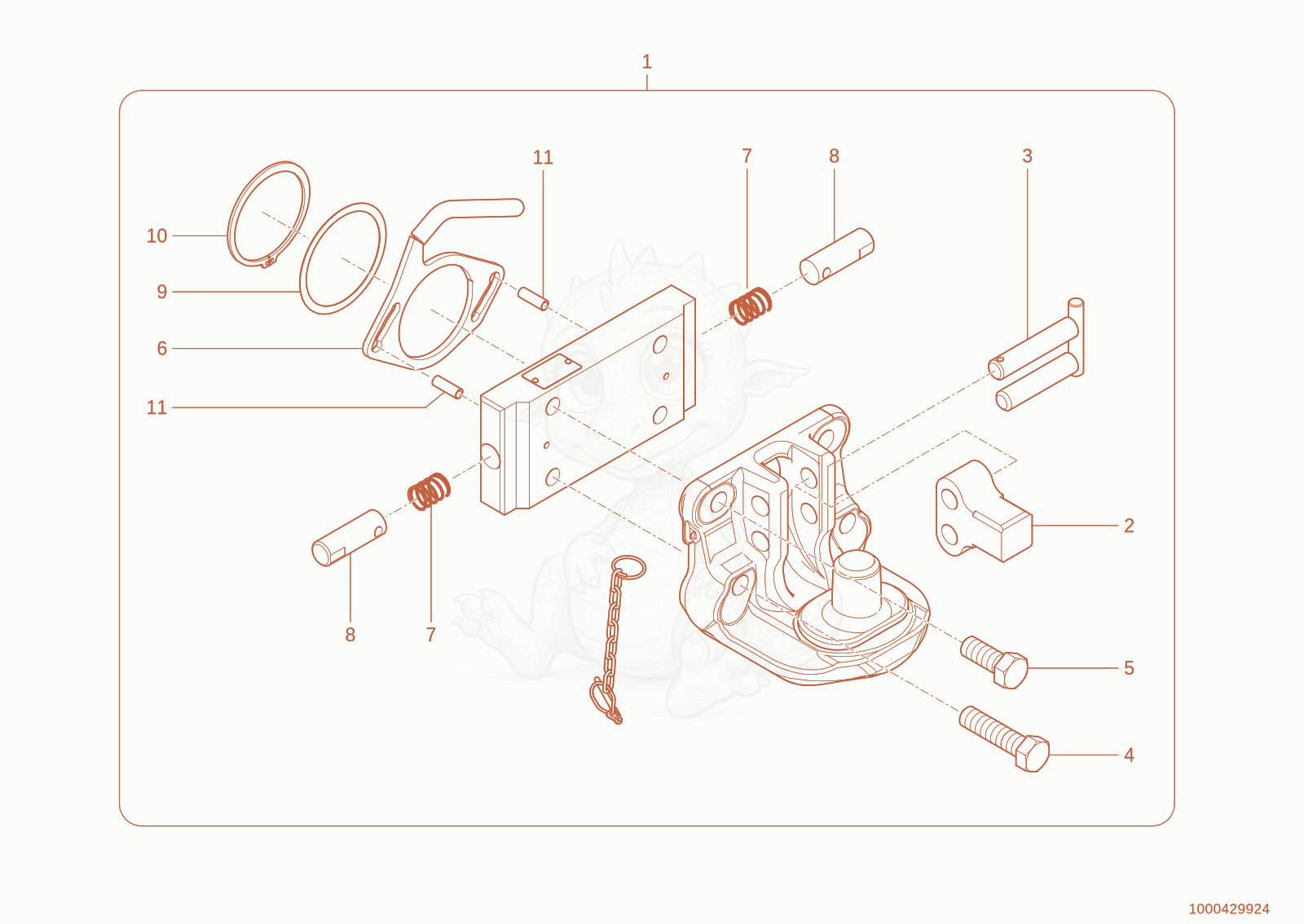 Exploded parts diagram of the trailer coupling of a Wacker Neuson TH627(418-22), with numbered balloons