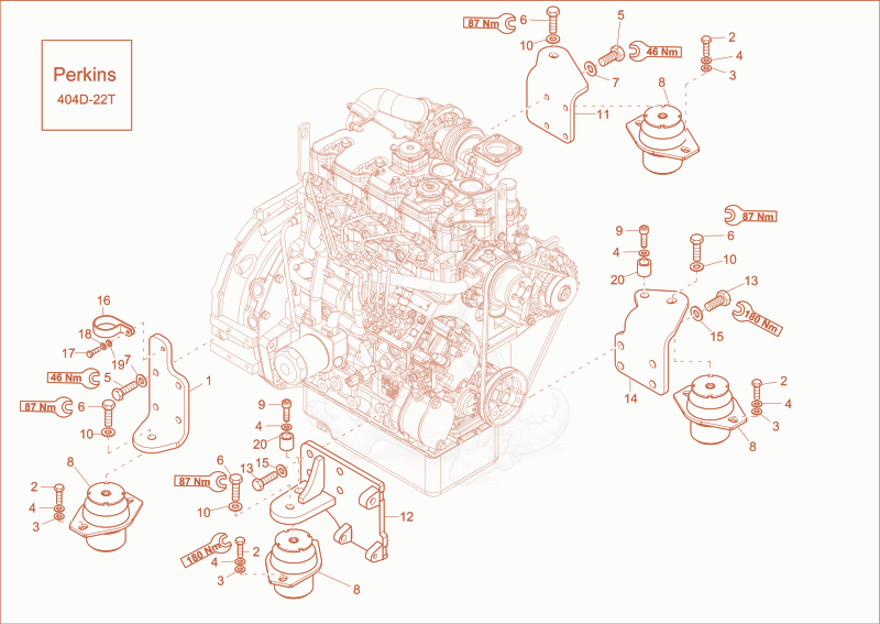 Despiece del Engine bedding de una máquina Wacker Neuson EW65, con globos numerados