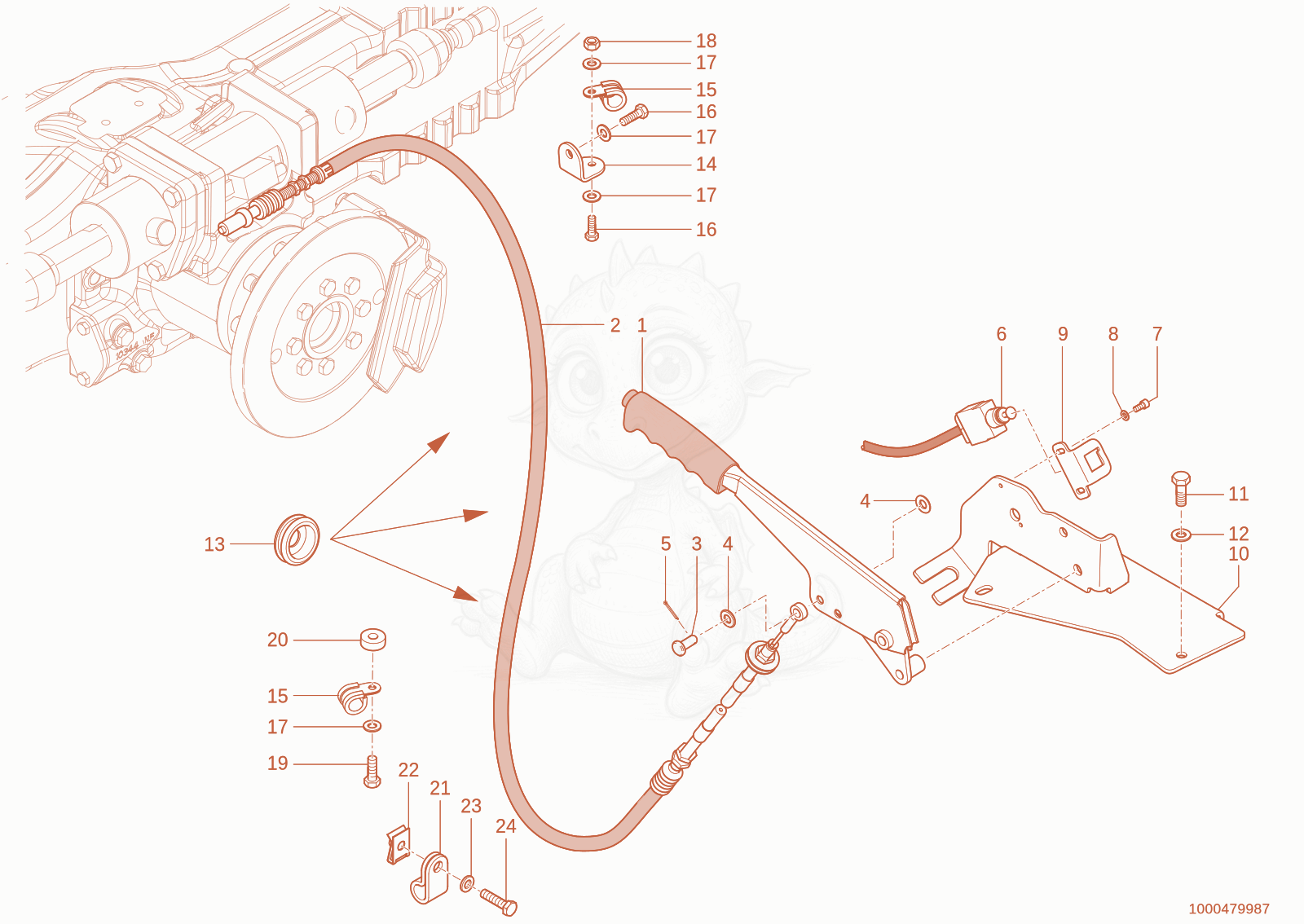 Exploded parts diagram of the parking brake of a Wacker Neuson TH735(415-36), with numbered balloons