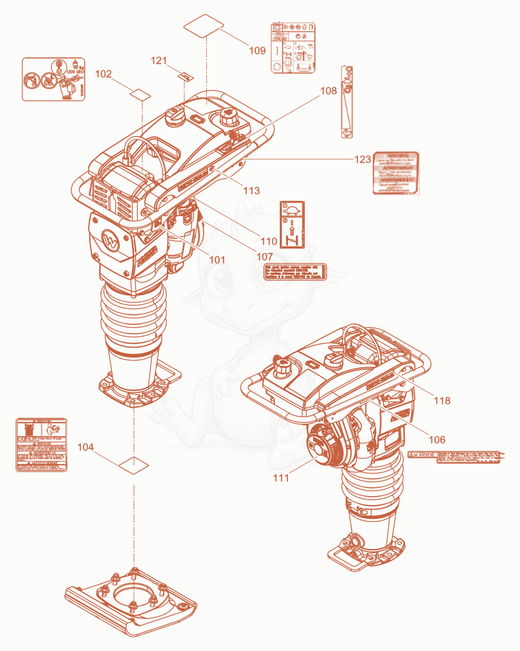 Exploded parts diagram of the Labels of a Wacker Neuson BS70-2PLUS11INUS, with numbered balloons