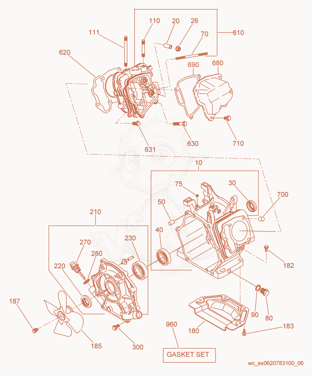 Despiece del Crankcase cpl. de una máquina Wacker Neuson GPSI4300, con globos numerados