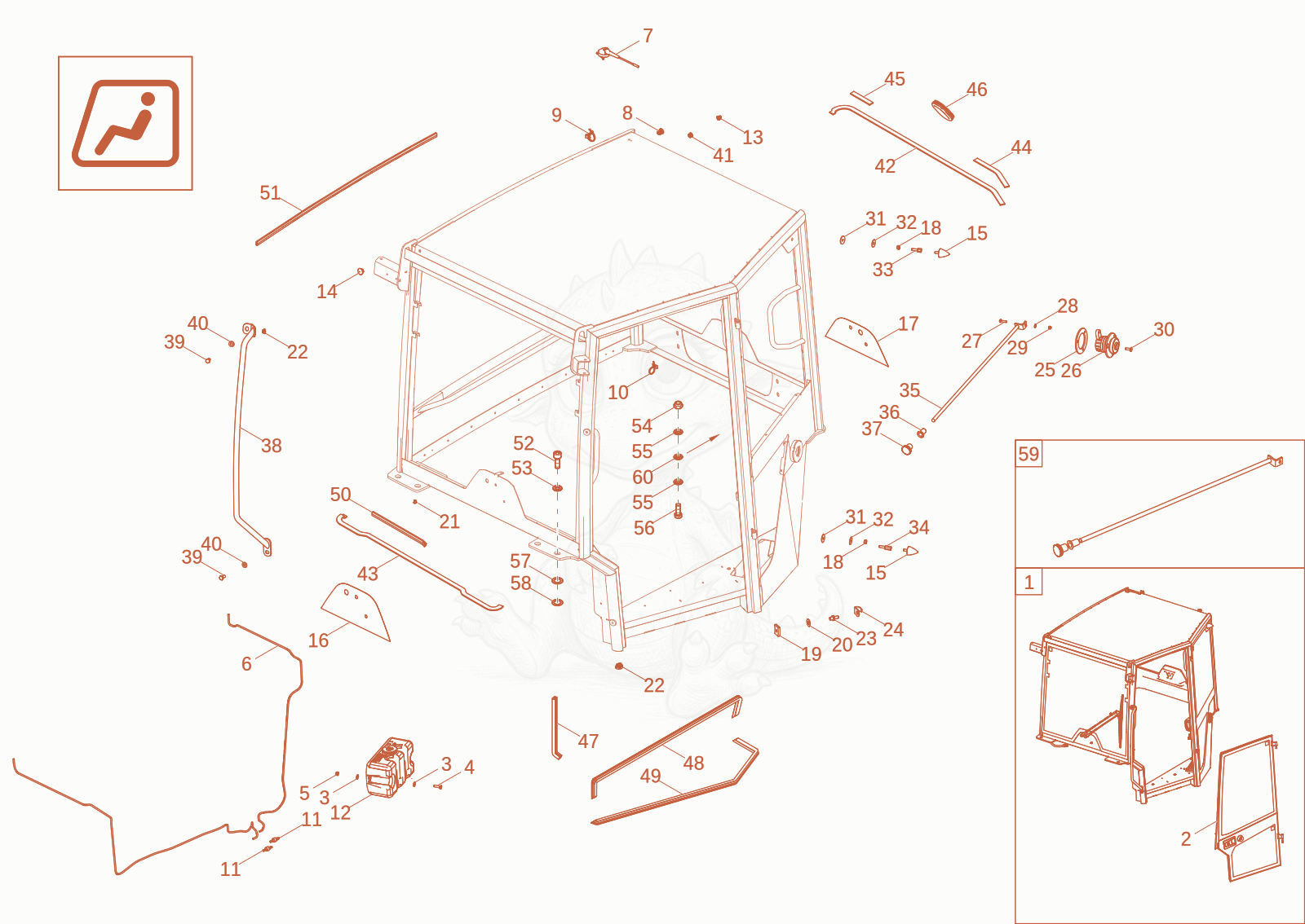 Exploded parts diagram of the CABIN FRAME (Option) of a Wacker Neuson DV90-2, with numbered balloons