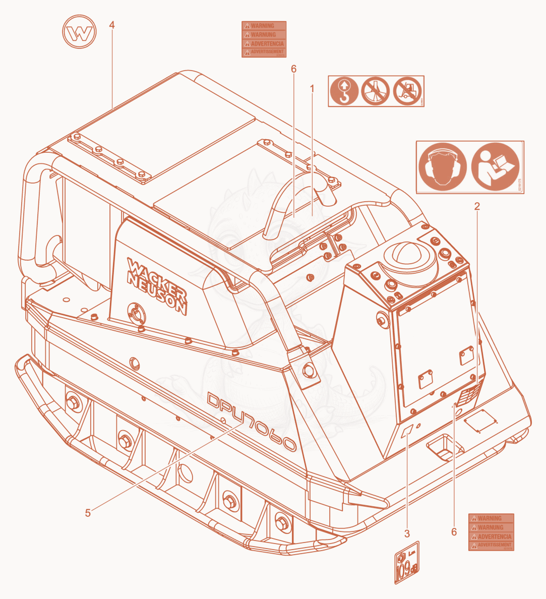 Exploded parts diagram of the Labels US of a Wacker Neuson DPU7060FE, with numbered balloons