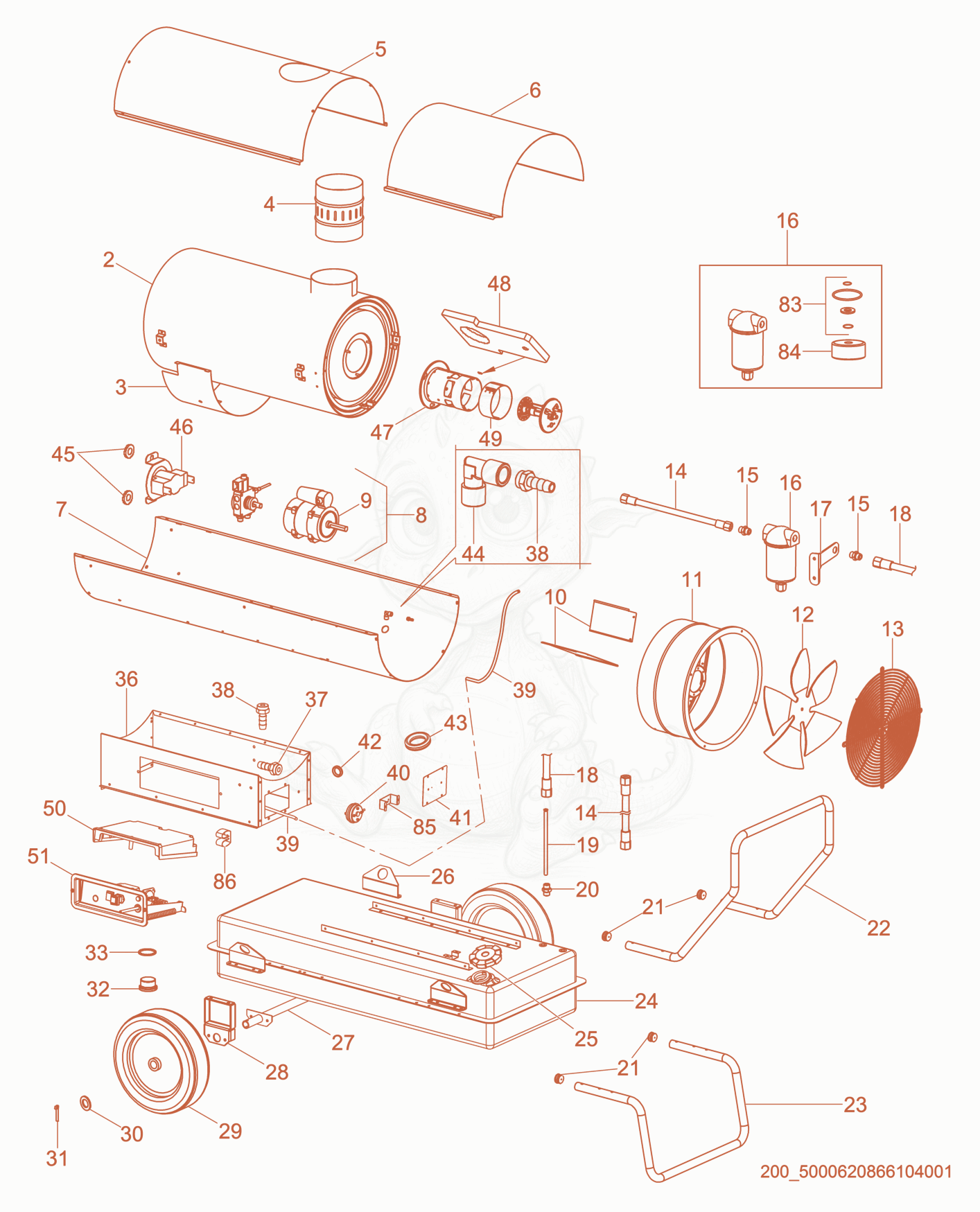 Exploded parts diagram of the Heater of a Wacker Neuson HI300D, with numbered balloons