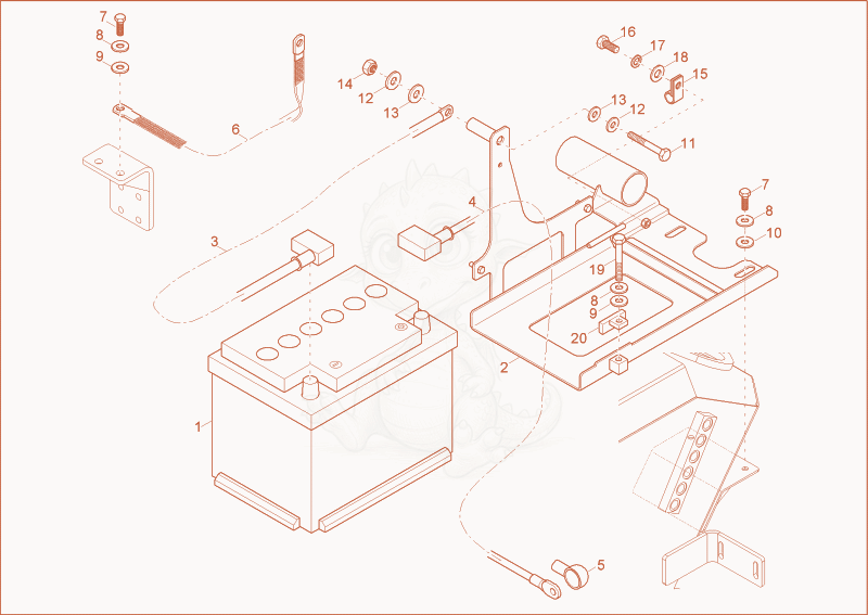 Exploded parts diagram of the battery of a Wacker Neuson 1703, with numbered balloons