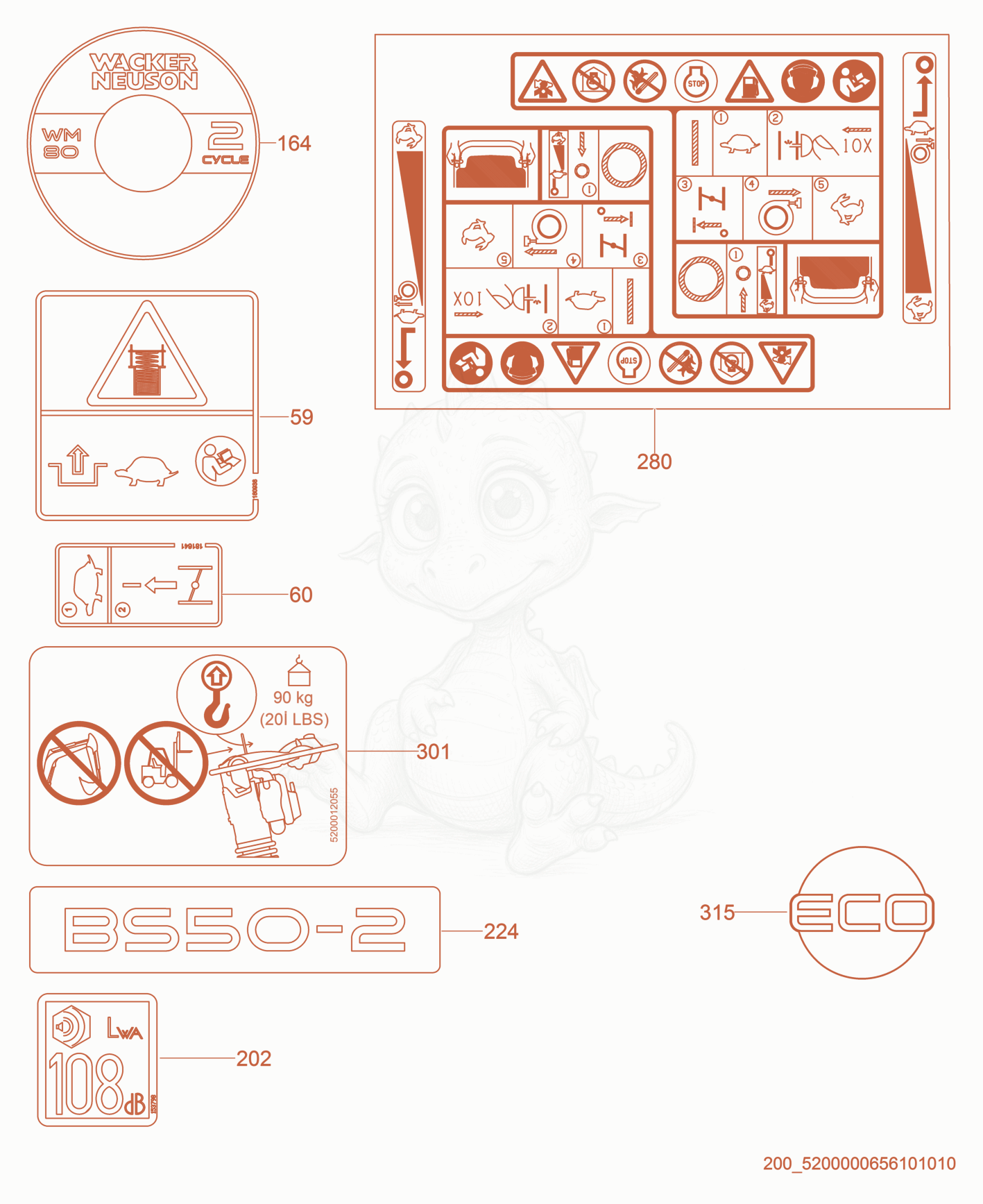 Exploded parts diagram of the Labels of a Wacker Neuson BS50-2, with numbered balloons