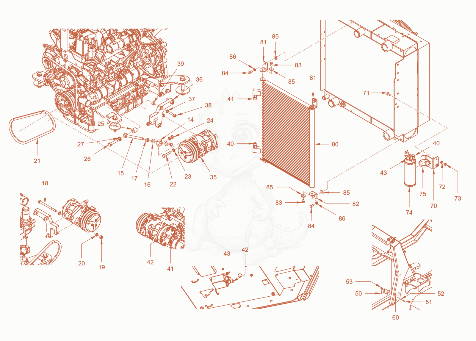 Exploded parts diagram of the air conditioner of a Wacker Neuson RC50DPFCAB, with numbered balloons