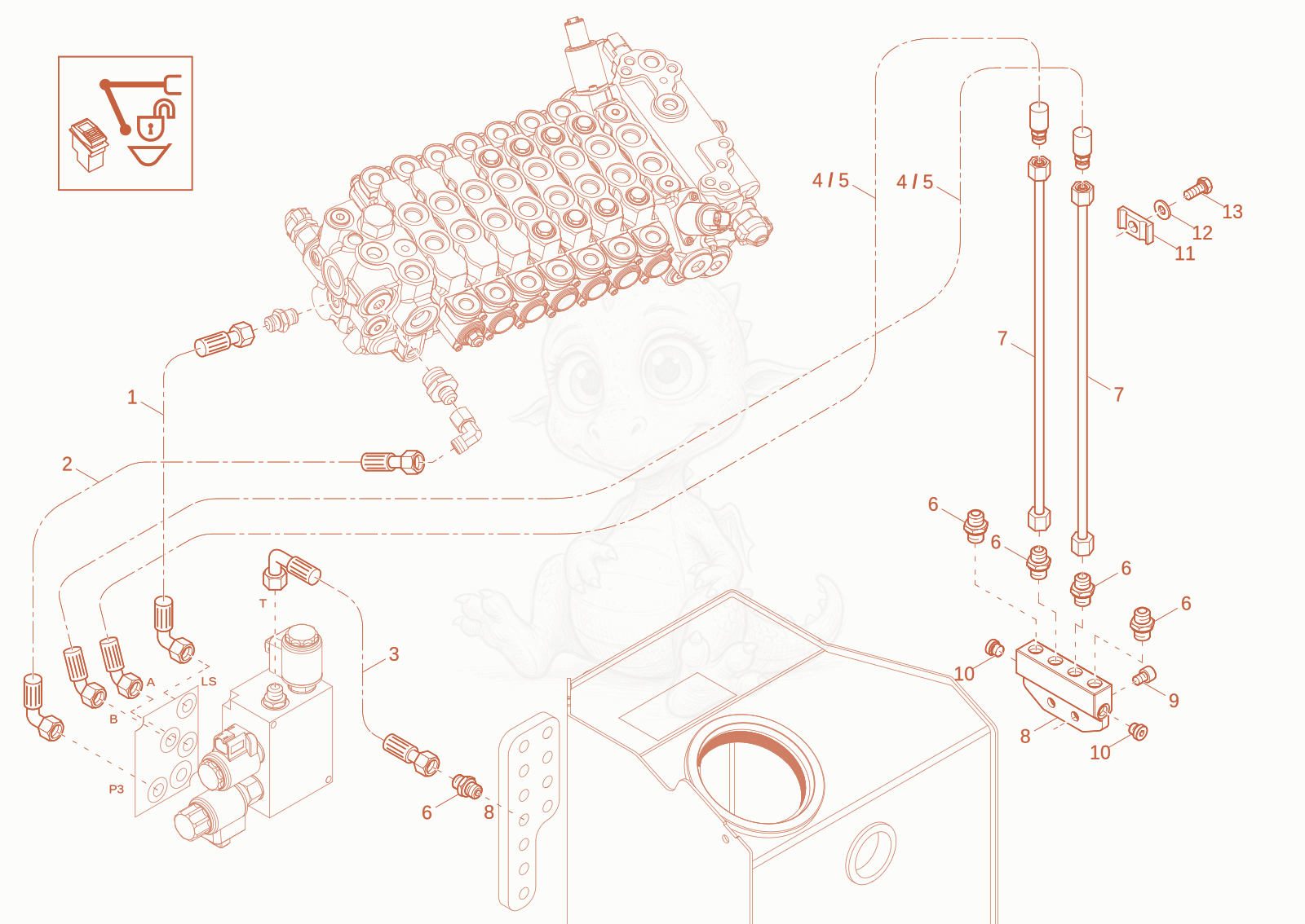 Exploded parts diagram of the Pilot circuit quick hitch Q1 (Option) of a Wacker Neuson ET18-2, with numbered balloons