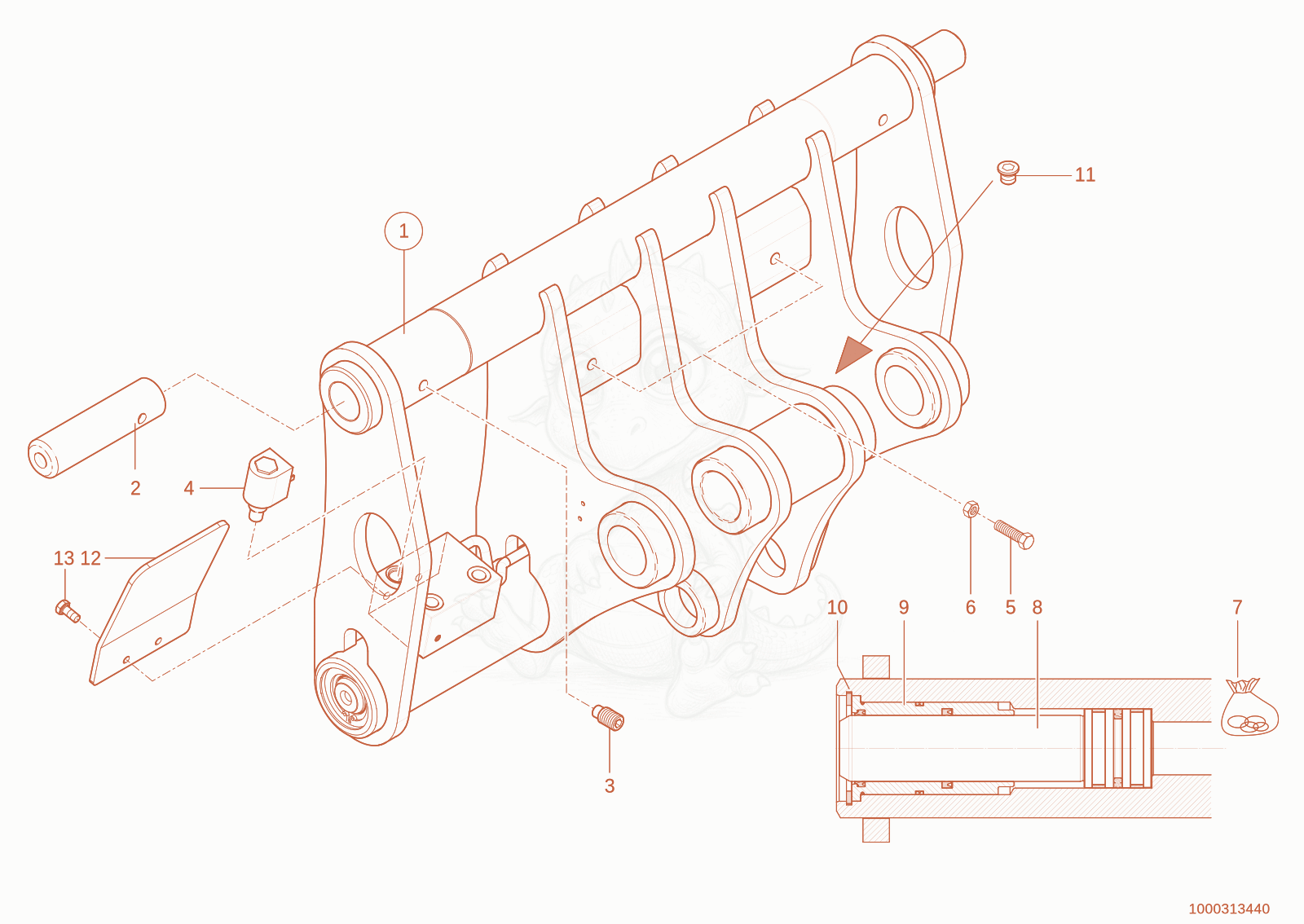 Exploded parts diagram of the quickhitch plate of a Wacker Neuson TH755(416-14), with numbered balloons