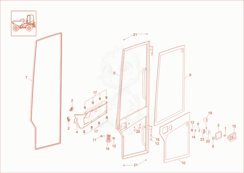 Despiece del CABIN DOOR option de una máquina Wacker Neuson DV90, con globos numerados
