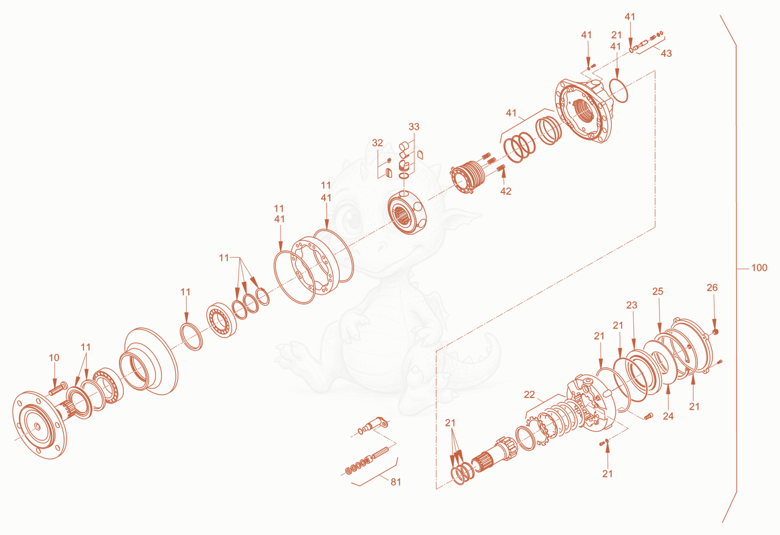 Exploded parts diagram of the gear hub motor of a Wacker Neuson RC70DPFROPS, with numbered balloons