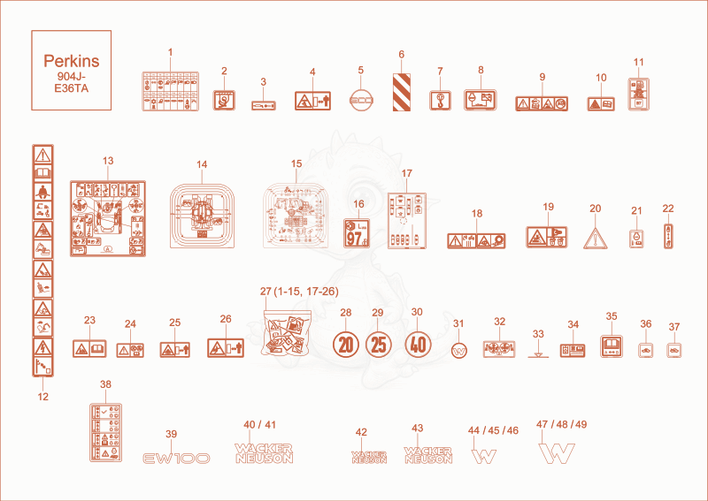 Exploded parts diagram of the sticker (Option) SP of a Wacker Neuson EW100, with numbered balloons