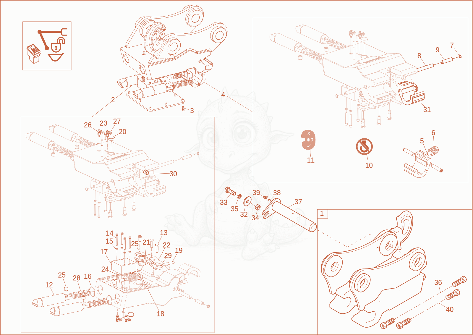 Exploded parts diagram of the quick hitch (OPTION) of a Wacker Neuson ET90, with numbered balloons
