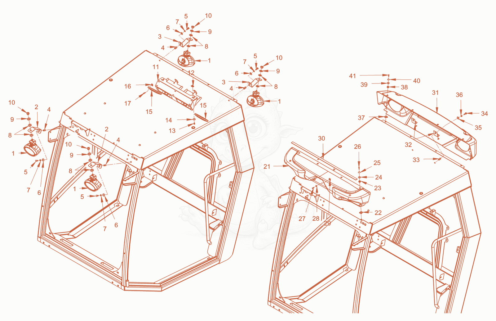 Exploded parts diagram of the driver's cabin of a Wacker Neuson RC110USROPS, with numbered balloons
