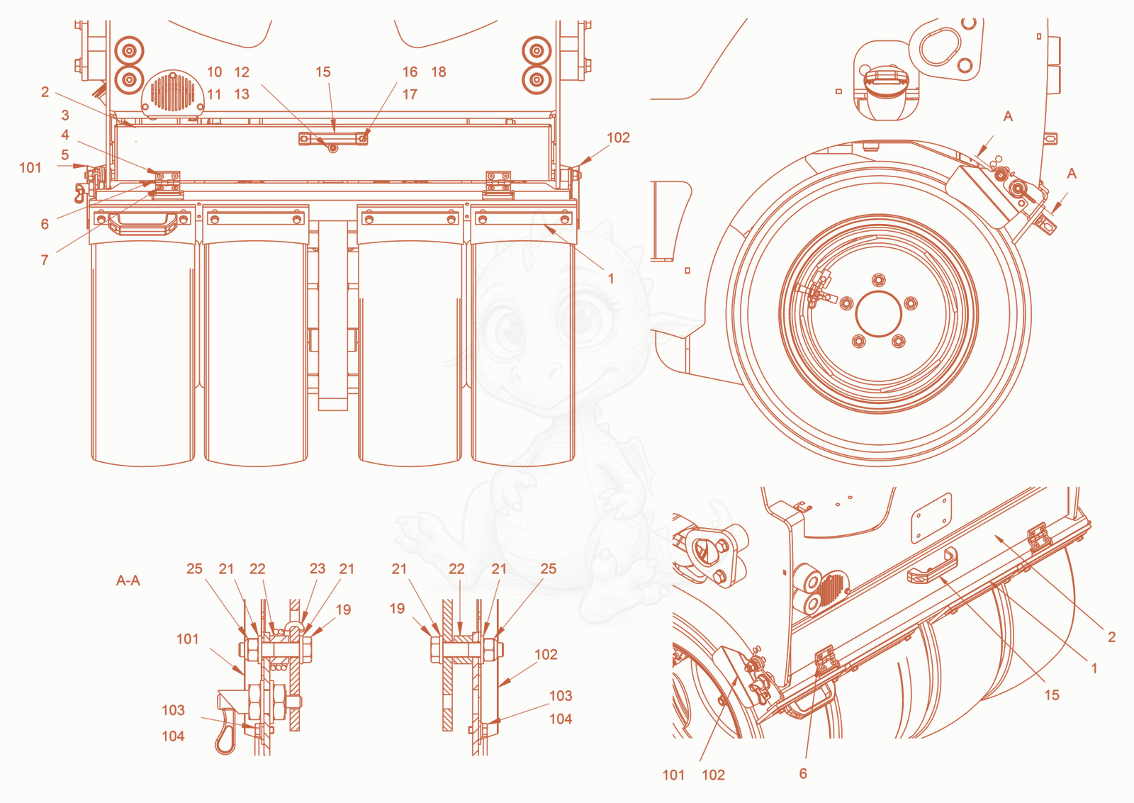 Exploded parts diagram of the scraper (tires) of a Wacker Neuson RD24-100CUS, with numbered balloons