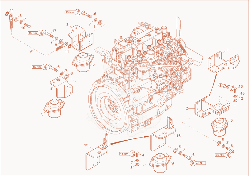 Exploded parts diagram of the Engine bedding of a Wacker Neuson 8003, with numbered balloons
