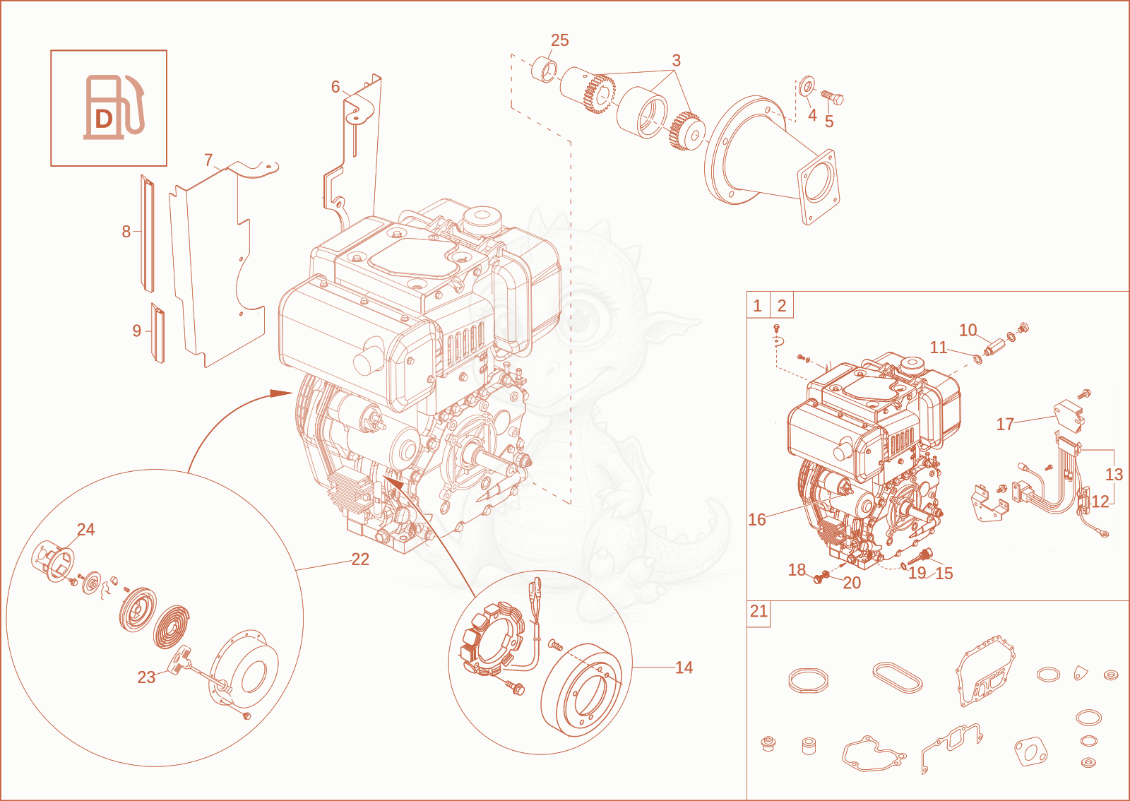 Exploded parts diagram of the diesel engine of a Wacker Neuson DT05, with numbered balloons