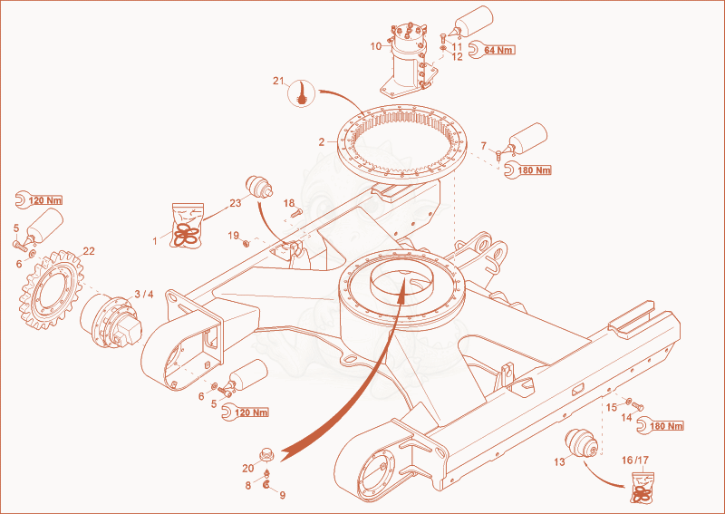 Exploded parts diagram of the undercarriage of a Wacker Neuson 38Z3, with numbered balloons