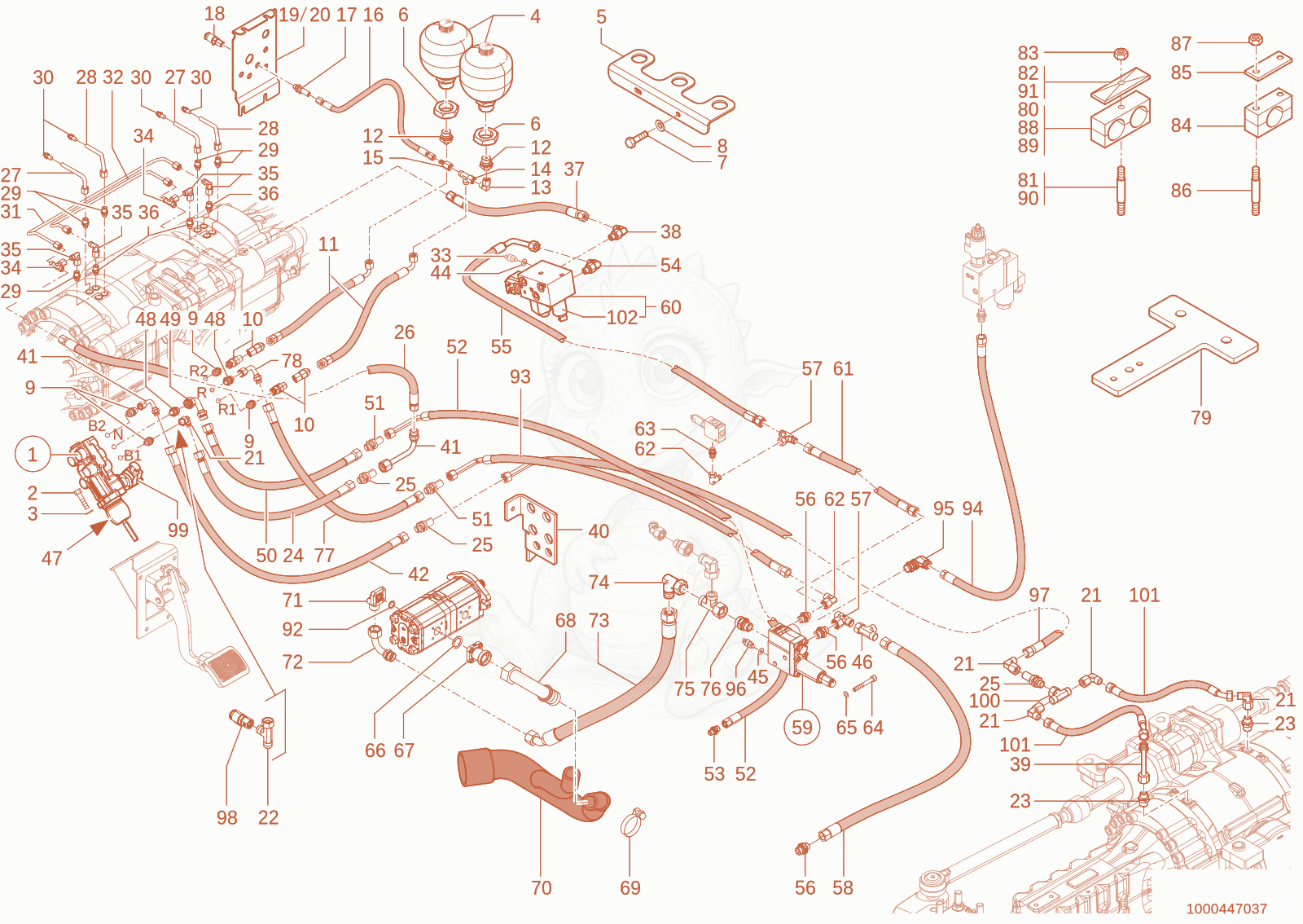 Exploded parts diagram of the service brake of a Wacker Neuson TH750(416-38), with numbered balloons