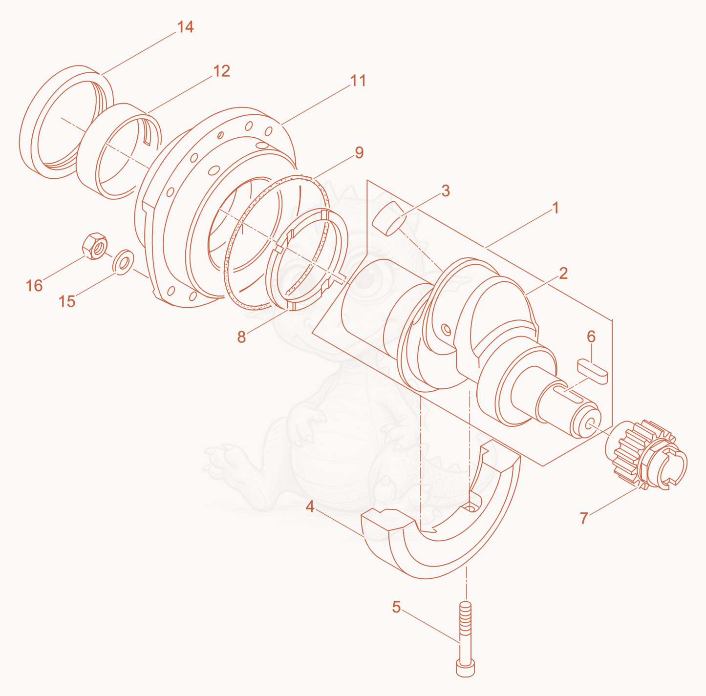 Exploded parts diagram of the Crankshaft - Mounting flange of a Wacker Neuson DPU6555H, with numbered balloons