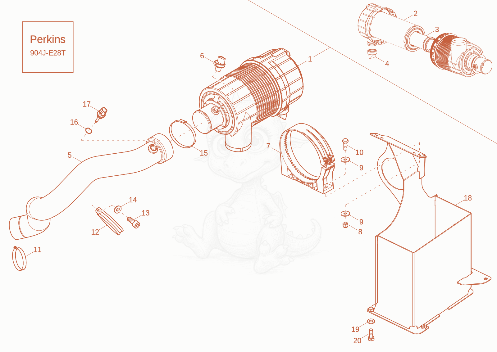 Exploded parts diagram of the air cleaner of a Wacker Neuson EW100-2, with numbered balloons