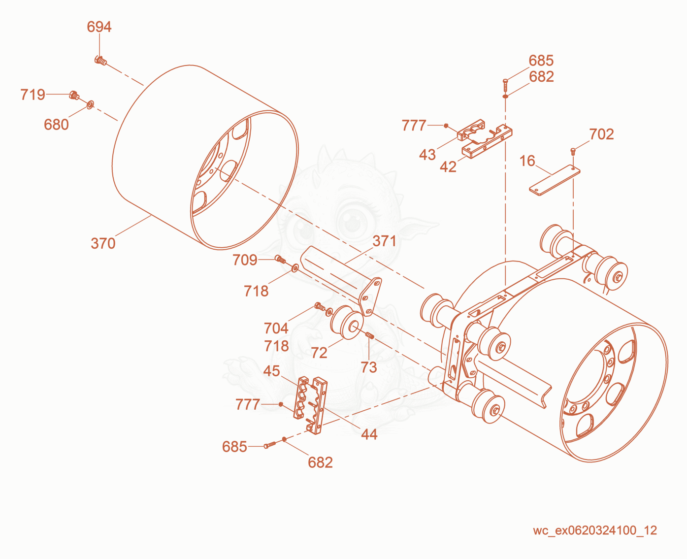 Despiece del Front Drum cpl. de una máquina Wacker Neuson RTL82-SC3, con globos numerados