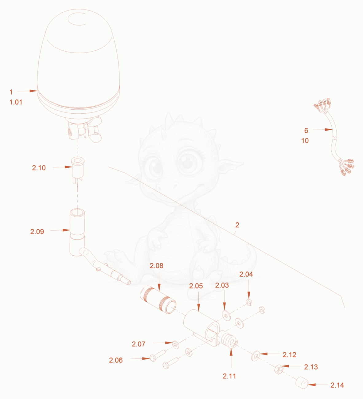 Exploded parts diagram of the rotary beacon of a Wacker Neuson RC70P, with numbered balloons