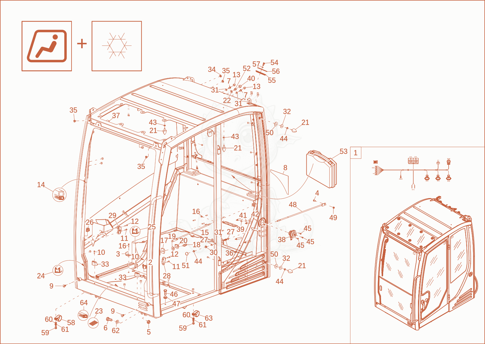 Exploded parts diagram of the CABIN FRAME (OPTION) of a Wacker Neuson EZ80, with numbered balloons