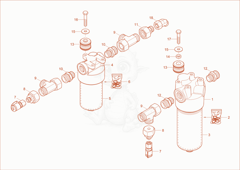 Exploded parts diagram of the HYDRAULIC OIL FILTER of a Wacker Neuson DW90-2, with numbered balloons