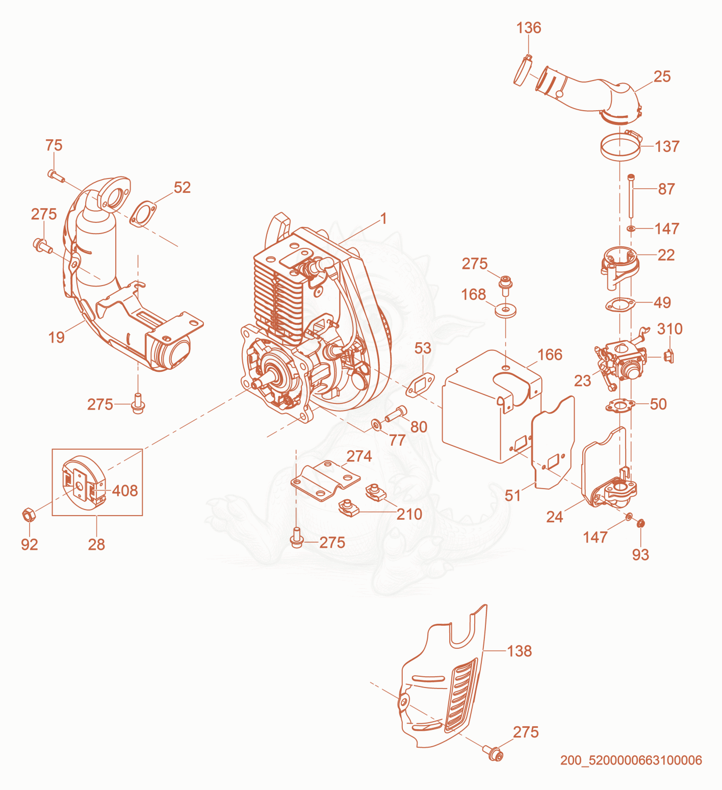 Exploded parts diagram of the Engine cpl. of a Wacker Neuson BS60-2, with numbered balloons