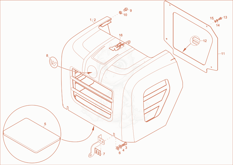 Exploded parts diagram of the engine hood of a Wacker Neuson DT10, with numbered balloons