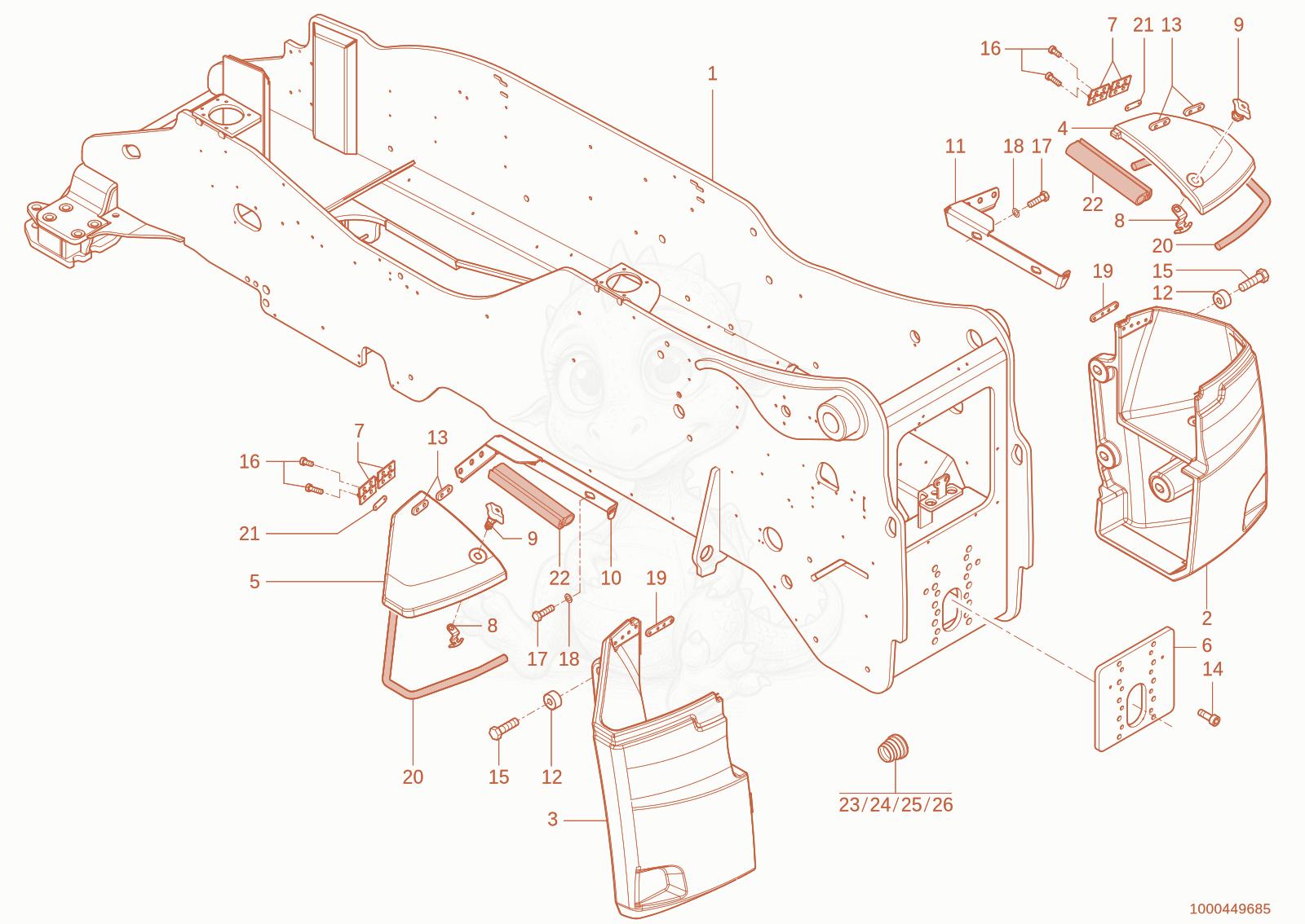 Exploded parts diagram of the Frame of a Wacker Neuson TH755(416-34), with numbered balloons