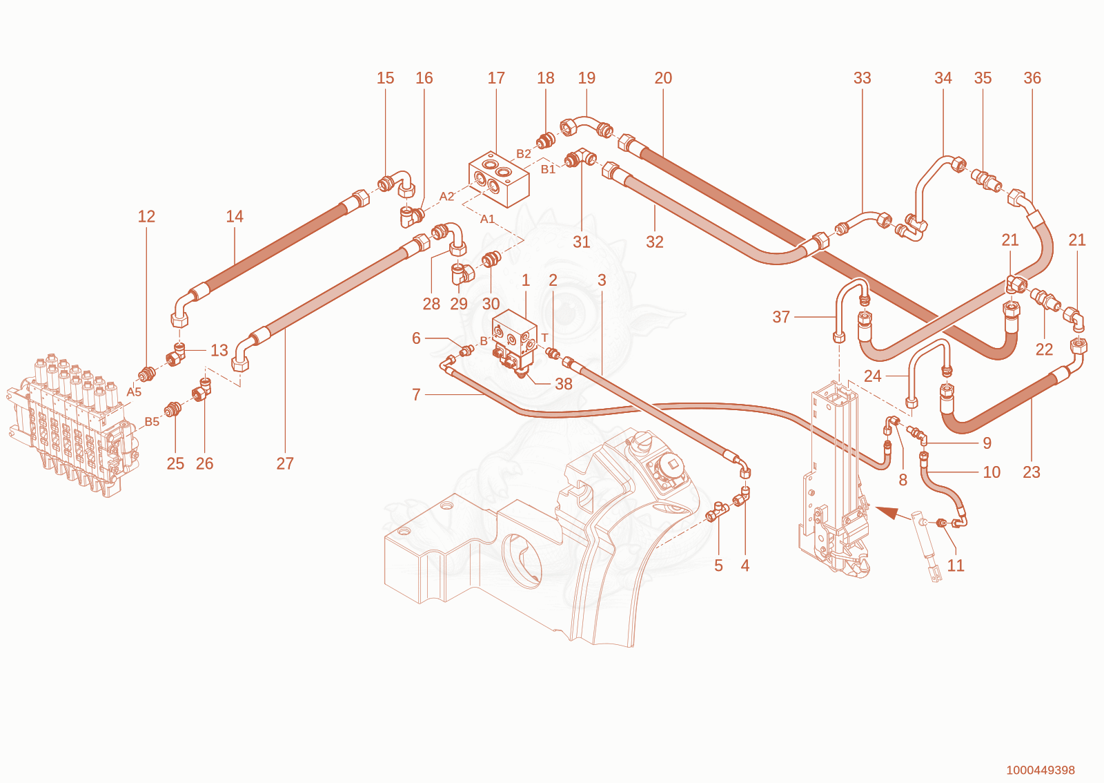 Exploded parts diagram of the Additional control circuit Hitch of a Wacker Neuson TH955(416-36), with numbered balloons