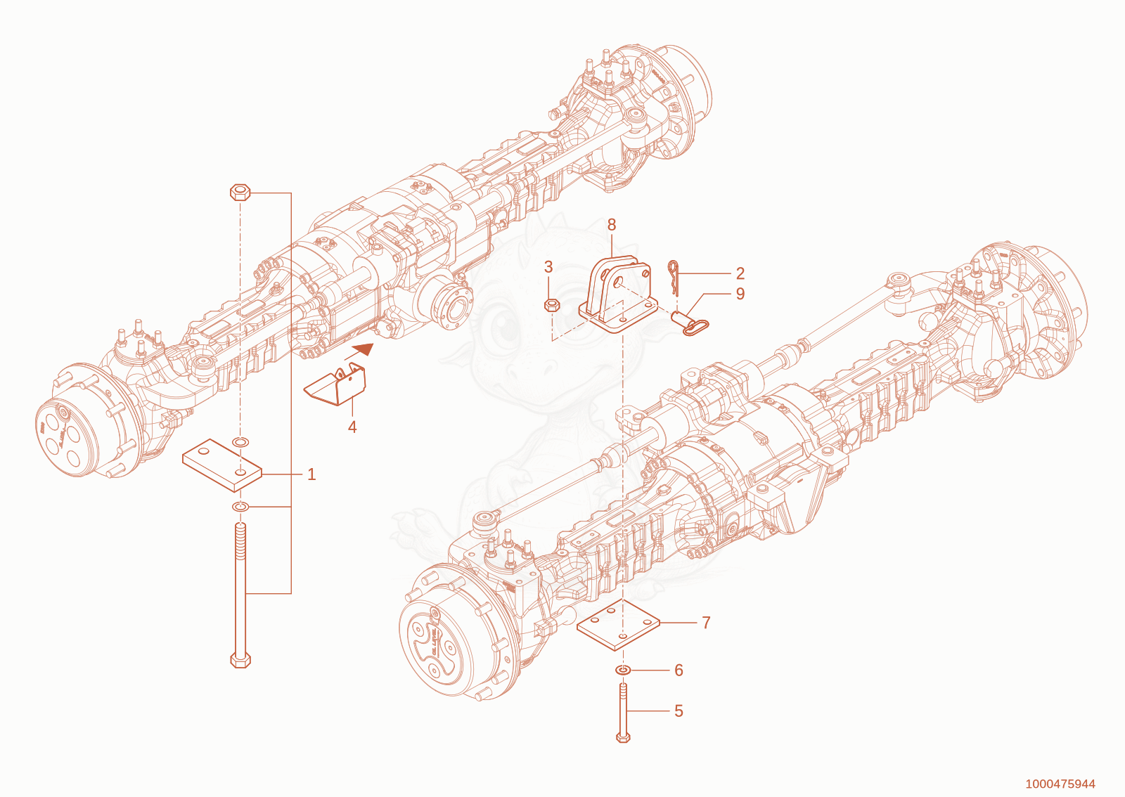 Exploded parts diagram of the Axle attachment of a Wacker Neuson TH942(416-39), with numbered balloons
