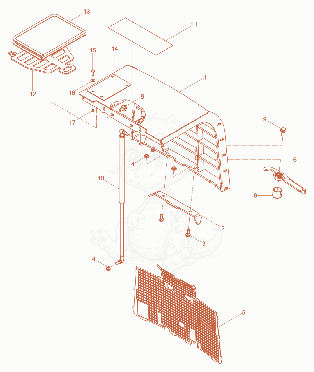 Exploded parts diagram of the Bonnet rear cpl. DPU80 of a Wacker Neuson DPU90LEM770, with numbered balloons