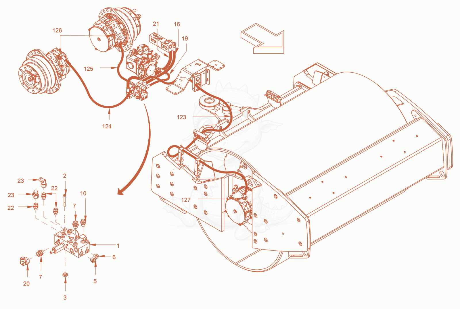Exploded parts diagram of the Brake Hydraulics of a Wacker Neuson RC70, with numbered balloons